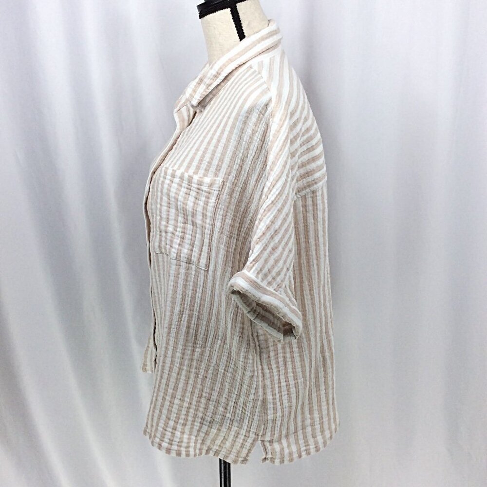 Angels Forever Young Top Womens Size 1X White Beige Striped‎ Muslin Button Down - Picture 4 of 8